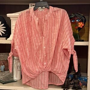 Buru red striped blouse tie cuff high front Small S